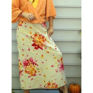 Vintage beige red orange linen floral skirt maxi 8 M slit 90s spring romantic